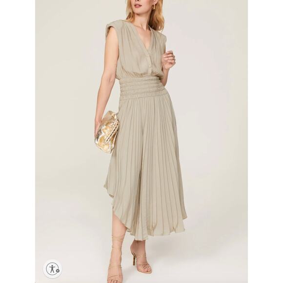 Ray Brook Beige Pleated Midi Dress SMALL Blouson Smocked Designer Romantic $565 - Picture 1 of 11